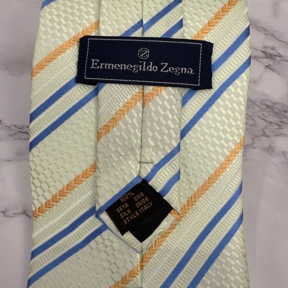NWT Ermenegildo Zegna Mens 100% Silk Jacquard Tie Light Green Yellow Blue Italy - Picture 4 of 10